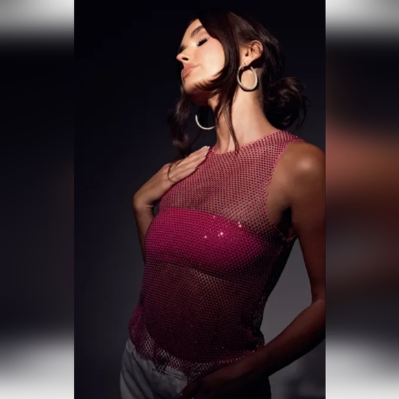 MESHKI Emerson Diamante Mesh Fishnet Tank Top In Fuchsia Pink. Size Small NWT - Picture 5 of 14